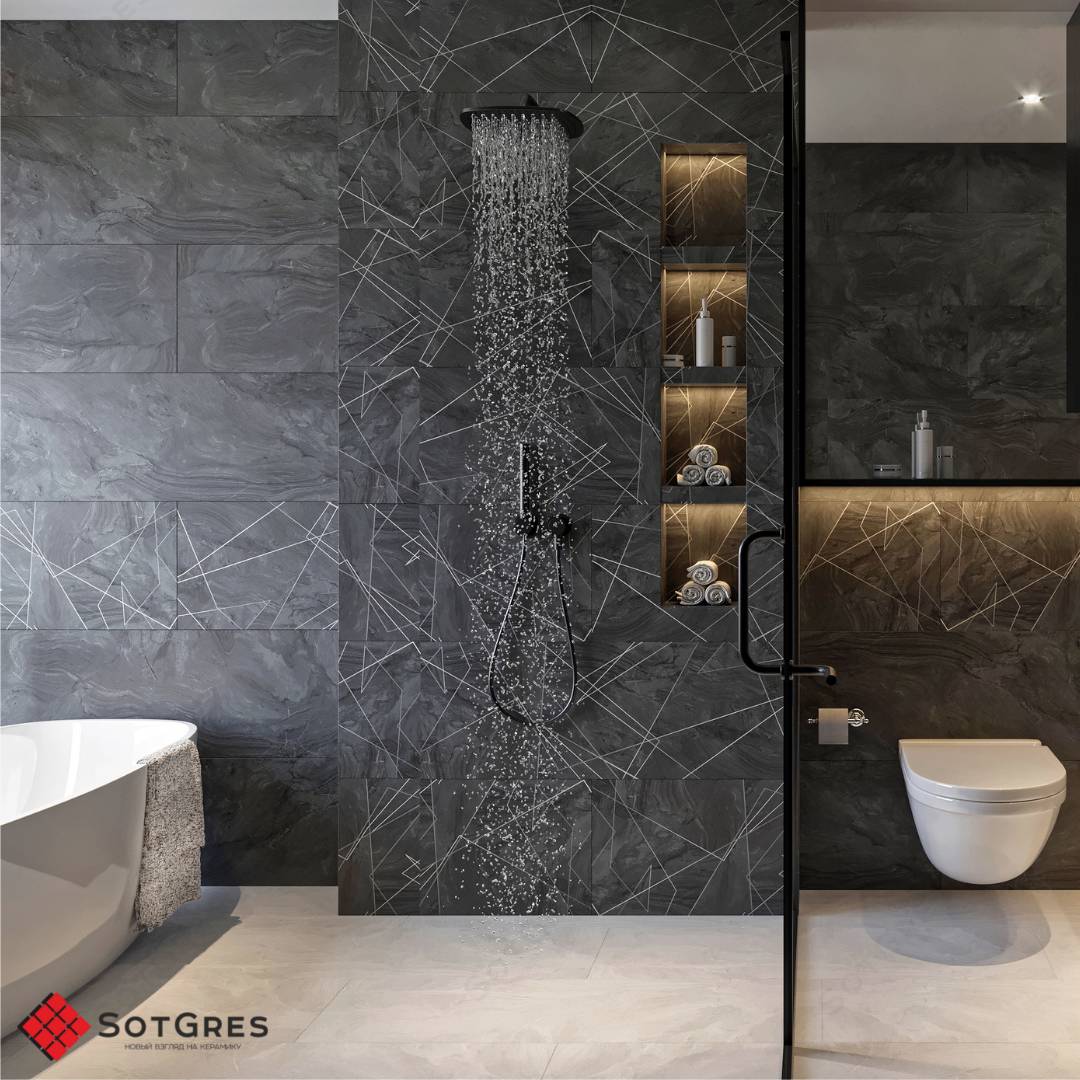 ONTARIO NERO DECORE /40х120/ матовый темно-серый керамический гранит carving с геометрическим рисунком 