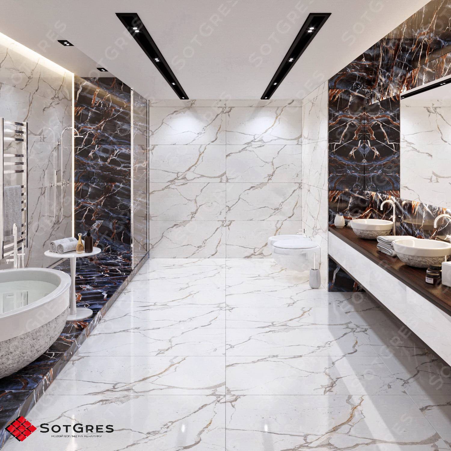 ZEXMON STATURIO /60х120/ глянцевый белый керамический гранит под белый мрамор с серо-бежевыми прожилками