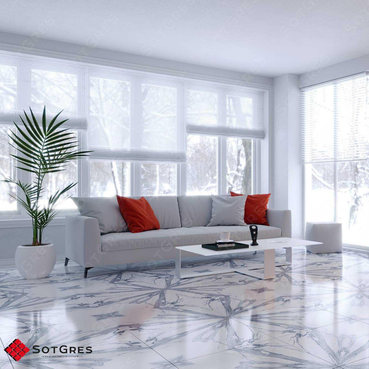 BOOKMATCH SCATTER WHITE /60х60/ глянцевый белый с серым керамический гранит панно под мрамор