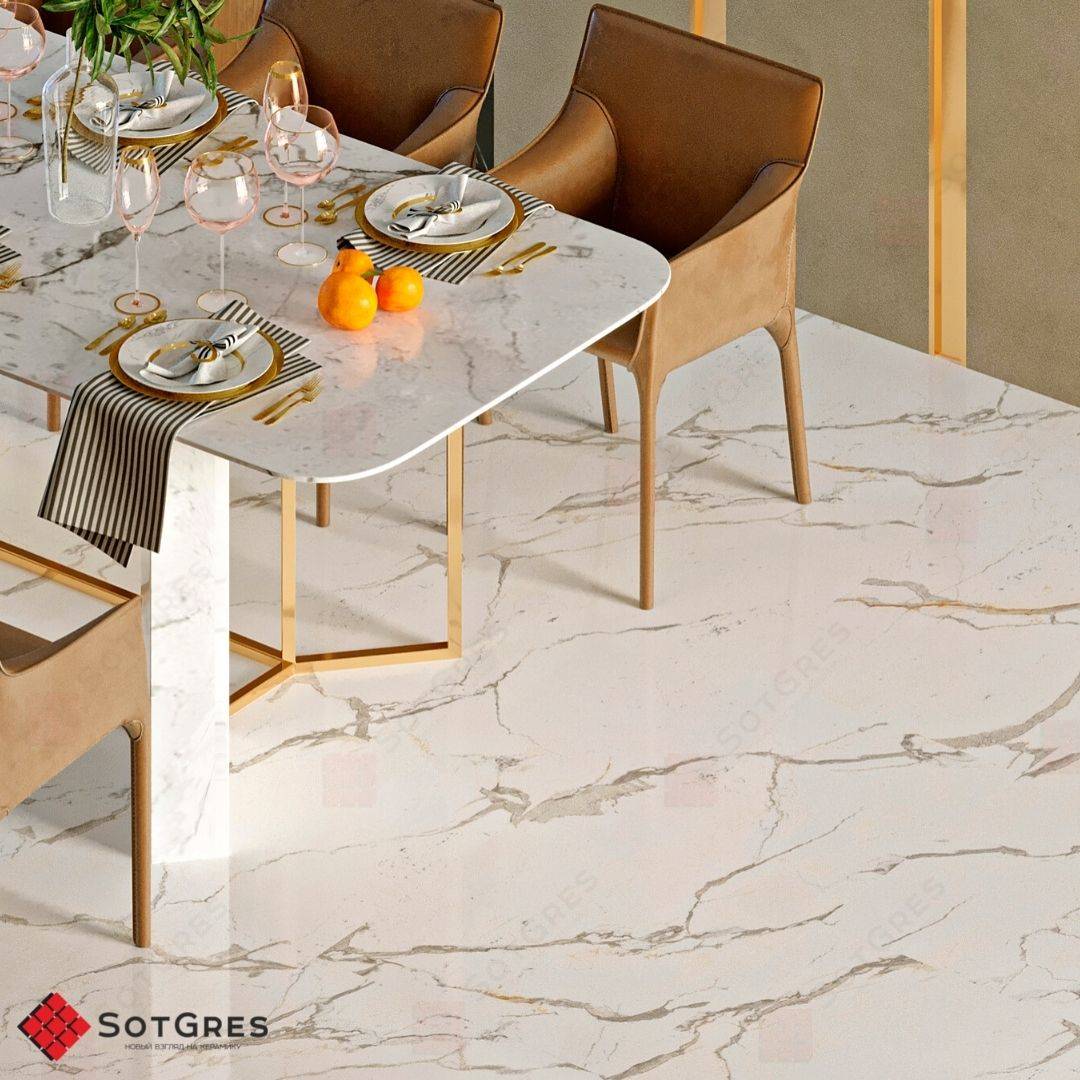 ZEXMON STATURIO /60х120/ глянцевый белый керамический гранит под белый мрамор с серо-бежевыми прожилками